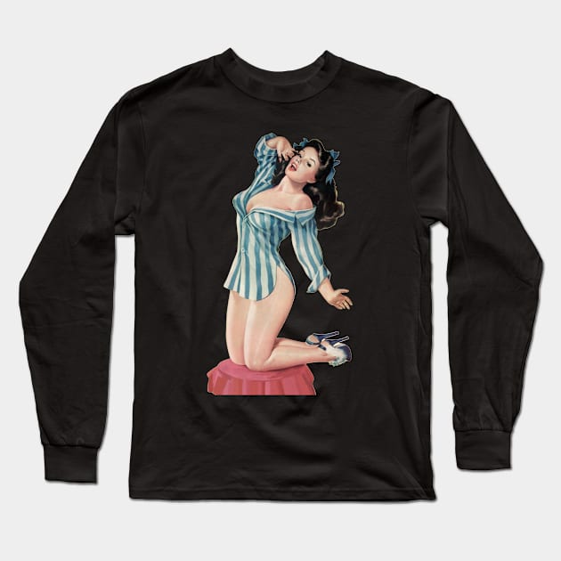 Nostalgic Pin Up Girls Waking Up and Stretching Bachelor Party Pinup Girl Long Sleeve T-Shirt by StacysCellar